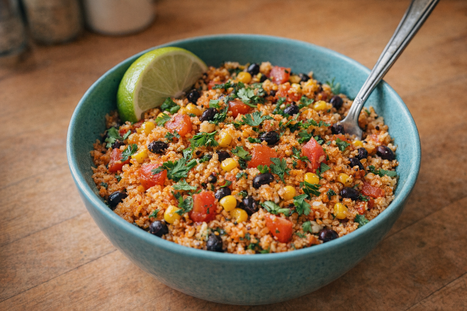 An overhead shot of a vibrant bowl of Mexican cauliflower rice with diced tomatoes, corn, black beans, cilantro, and a lime wedge. Warm, natural lighting